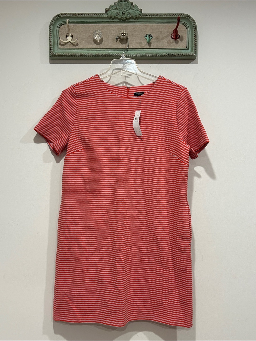 Ann Taylor Coral and grey Striped Mini Dress plus size 14 with pocket new w tag